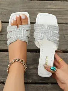 Women's Summer Sandals, Light Blue Sequin Cross Strap, Casual Roman Slippers, Comfortable Flat Heel, Elegant Rhinestone Wedge Design