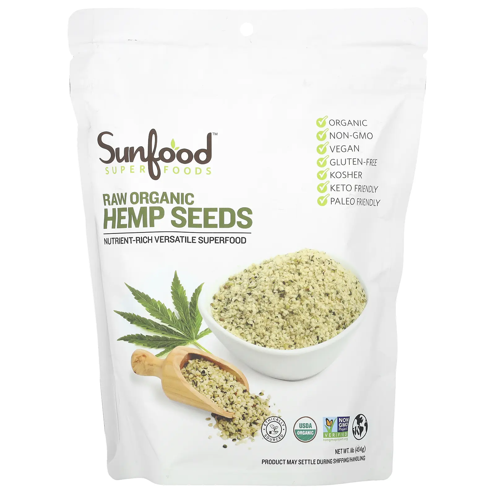 Sunfood Superfoods, Raw Organic Hemp Seeds, 1 lb (454 g)
