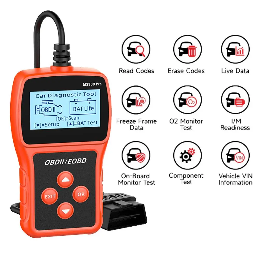MS309 Pro OBD2 Automotive Diagnostic Scanner - Newbie-Friendly Plug & Play Tool for 12V Gasoline Cars, Emission Tests, Direct Power, Code Clearing, Battery Voltage Test, I/M Readiness, Freeze Frame Data