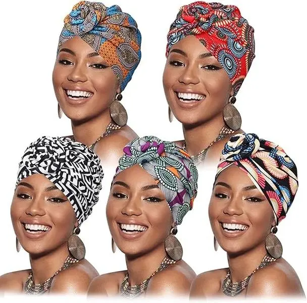 5PCS Head Wraps for Black Women African Turbans Pre Tied Turban Chemo Headwear Cancer Head Wrap Hair Loss Cap