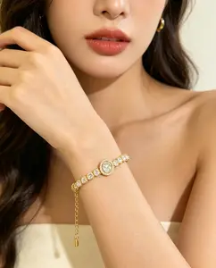 Central Oval Double Halo Cubic Zirconia Bracelet, 14K Gold Plated Lobster Clasp Adjustable Ladies Luxury Bracelet