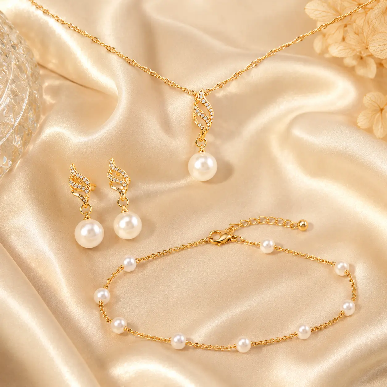 Women's 3-Piece Classic Geometric Gold-Tone Alloy Faux Pearl Jewelry Set - Leaf Motif Pendant Necklace, Matching Drop Earrings, Pearl Chain Bracelet, Elegant Accessories for Women Gift