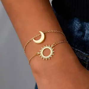 2pcs Sun and Moon Charm Bracelet - Minimalist Elegant Matching Solar & Lunar Pendants, Daily Wear Year-Round Neutral Celestial Charm Bands for men and women