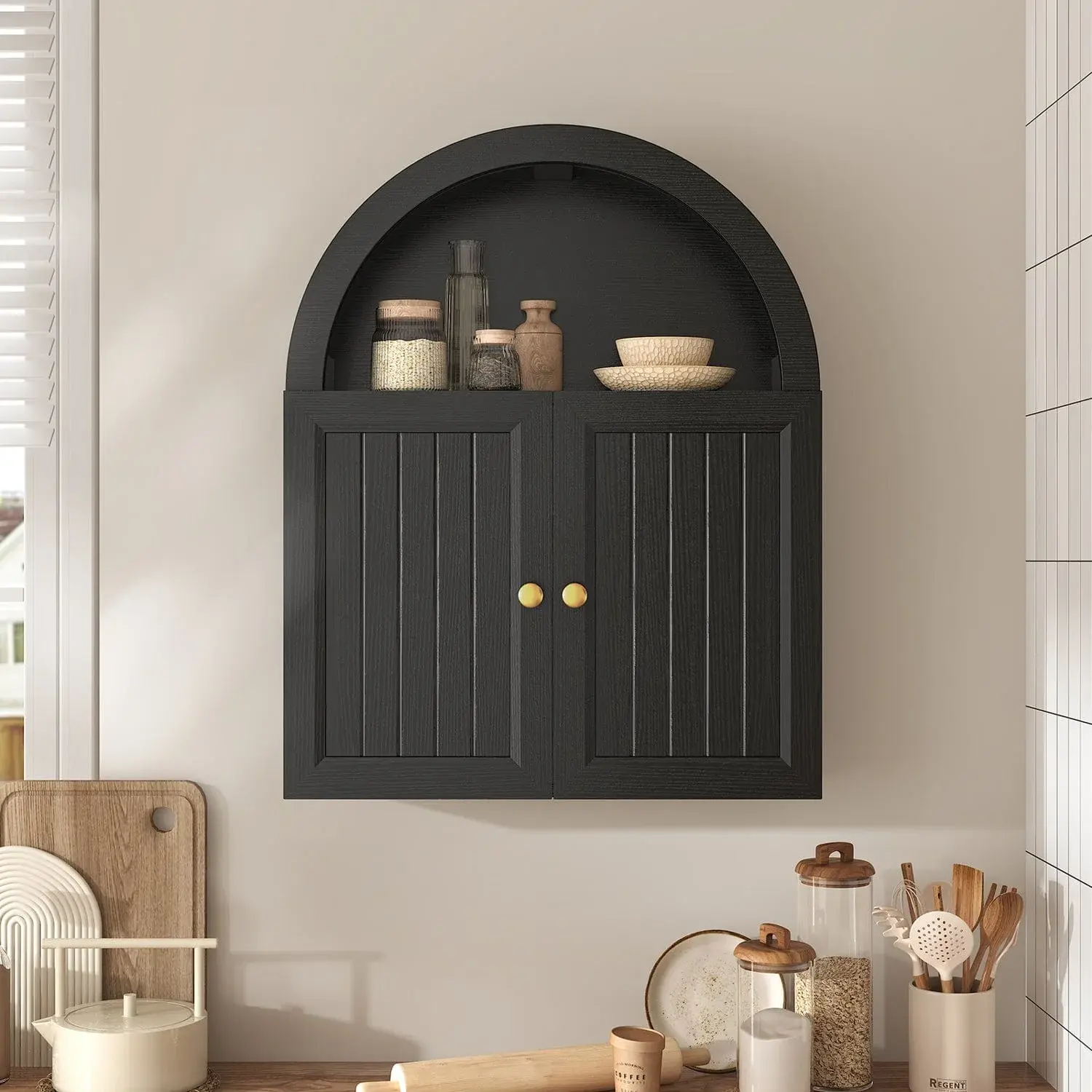 SIKAIC Arched Bathroom Wall Cabinet with Door, Black Bathroom Storage Cabinet for Wall Mount SIKAIC Arched Bathroom Wall Cabinet with Door, Black Bathroom Storage Cabinet for Wall Mount