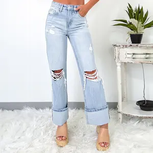 Women‘s Blue Light Wash Distressed Women Wide Leg Jeans