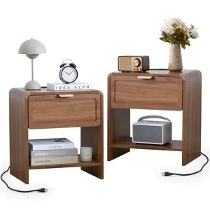 Giratree 19.88" 2 Set Modern Nightstand, Wide with Charging Station & Curved Anti-Collision Design, Mid-Century Storage Cabinet, Pre-Embedded Slots, Sturdy & Reusable, Ideal for Dorm, Sofa, or Office