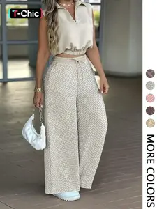 2-Piece Women's Casual Commuter Set, Womenswear Sleeveless Collared Waist-Defined Top with High-Waisted Drawstring Adjustable Wide-Leg Pants