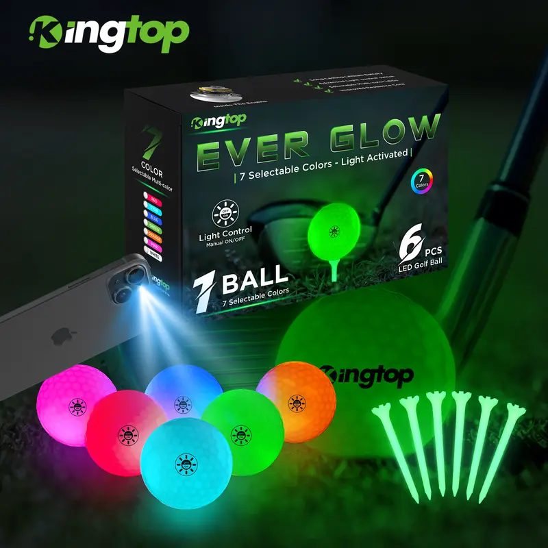 KINGTOP Unisex Golf Pack - Surlyn Cover, Resin Core, Super Bright 3-LED Core, Light Control Switch, 342-Dimple Design, Smooth-Hitting, Fluorescent Tees, Mesh Carry Bag, Night Golf Gift