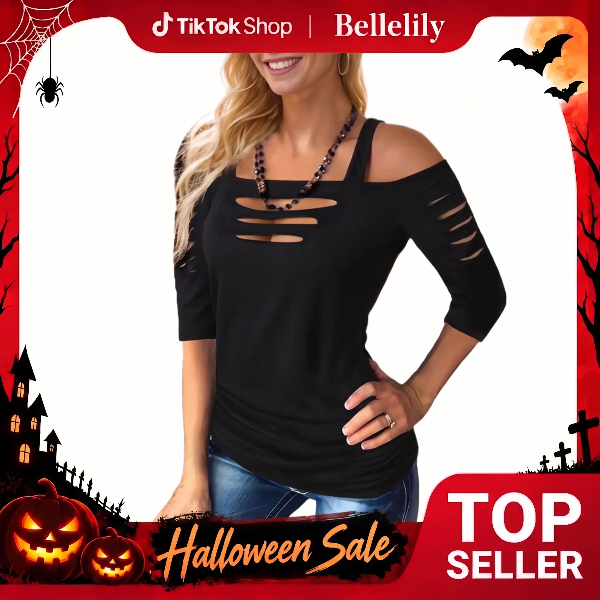 Bellelily Women's Elegant Fashion Cold Shoulder Square Neck Cotton Blouse - Ripped, Cutout, Half-Sleeve, Medium-Length, Backless, Casual Cotton Top, Evening Clubwear