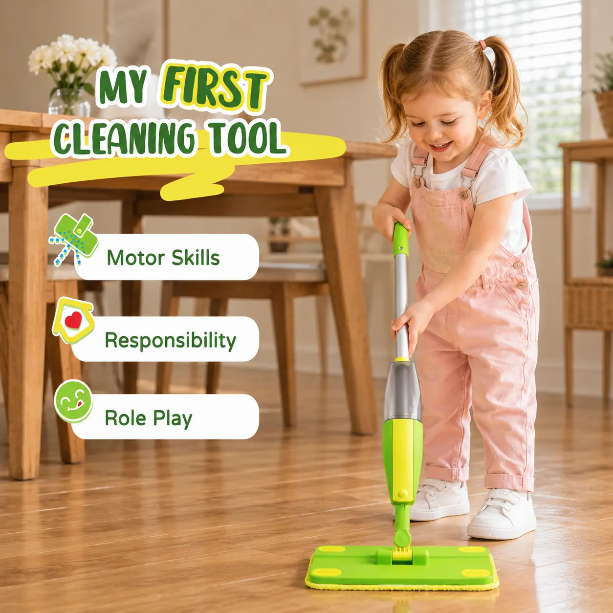 Kids Spray Mop Toy for Toddlers 3+ | Real Working Montessori Cleaning Toy | Pretend Play Housekeeping Gift for Boys & Girls
