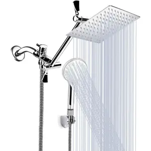 Shower Head, 8 Inch High Pressure Rainfall Shower Head/Handheld Shower Combo with 11 Inch Extension Arm, 9 Settings Adjustable Anti-leak Shower Head with Holder/Hose, Height/Angle Adjustable