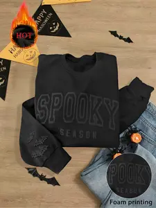 Women's Fall Winter Casual Loose-Fit Long Sleeve Round Neck Sweatshirt, Halloween Letter Bat Print Pullover, Comfortable Knit Fabric, Printed