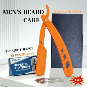 Professional Barber Straight Razor for Men – Orange Straight Edge Razor with 20 Safety Blades Included Sleek Reusable Stainless Steel shaving gear easy replacement manual shaver kit sharp shave gift beard daily groom