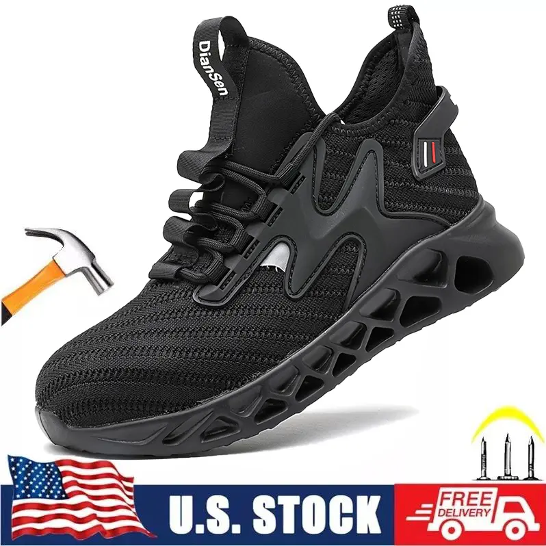 Men's & Women's Sport Safety Walking Shoes - Laced Breathable Mesh, Steel Toe Trainers, Puncture-Proof Kevlar Midsole, Lightweight Slip-Resistant Work Footwear for Workers, Construction