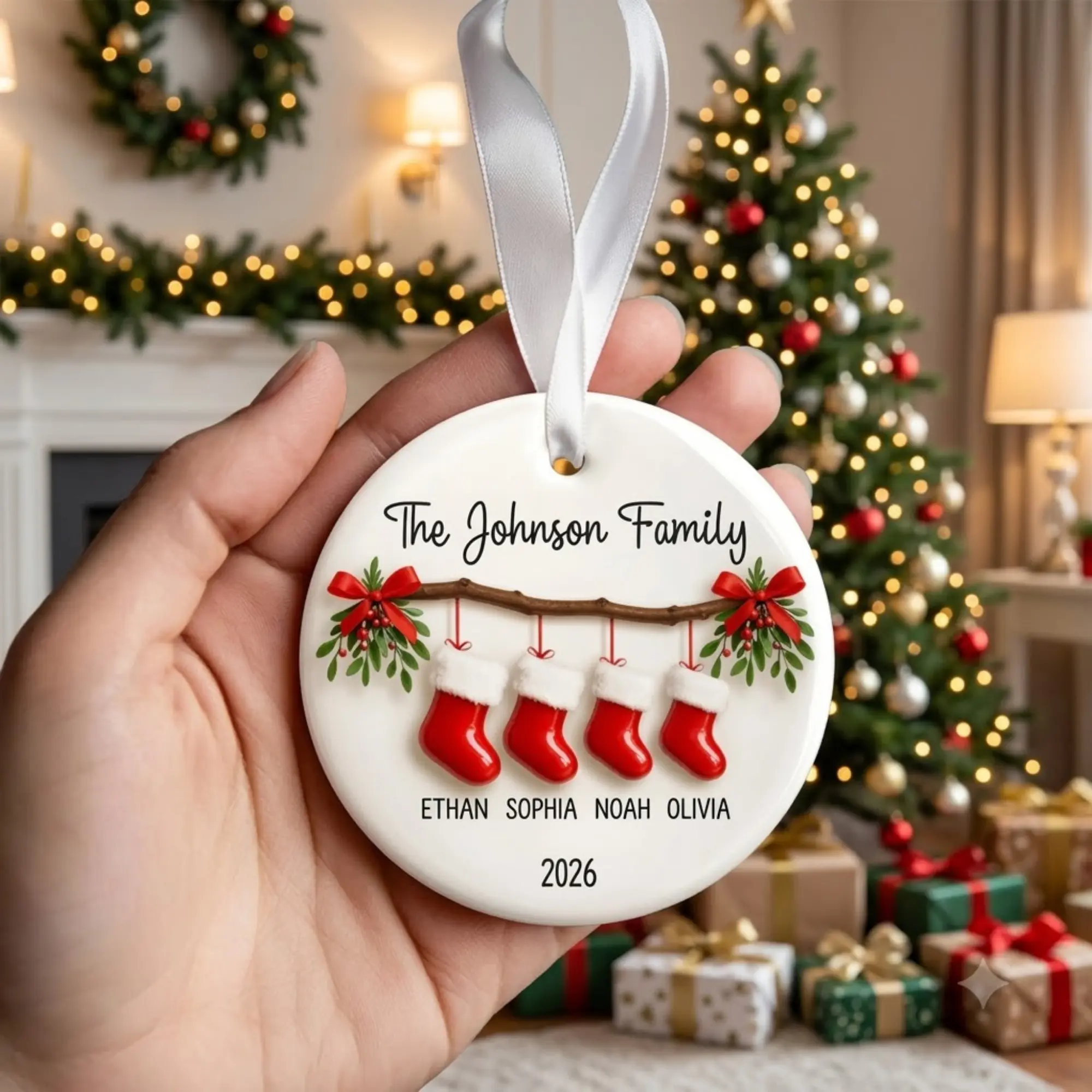 Personalized Family Stocking Ornament, Custom Surname and Names, Christmas Mantel Inspired Decor, Gift for Mom and Dad, 2026 Stocking Ornament