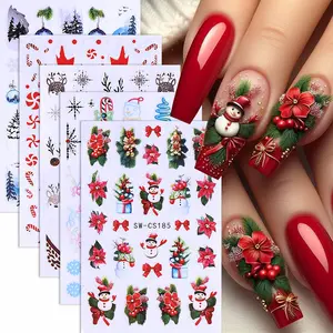 5pcs Christmas Flower Nail Art Stickers Set, Snowman Candy Cane Design Festive Nail Art Stickers, Winter Scene Decorations for Women & Girls, Holiday Gift Idea, Transferable Nail Art