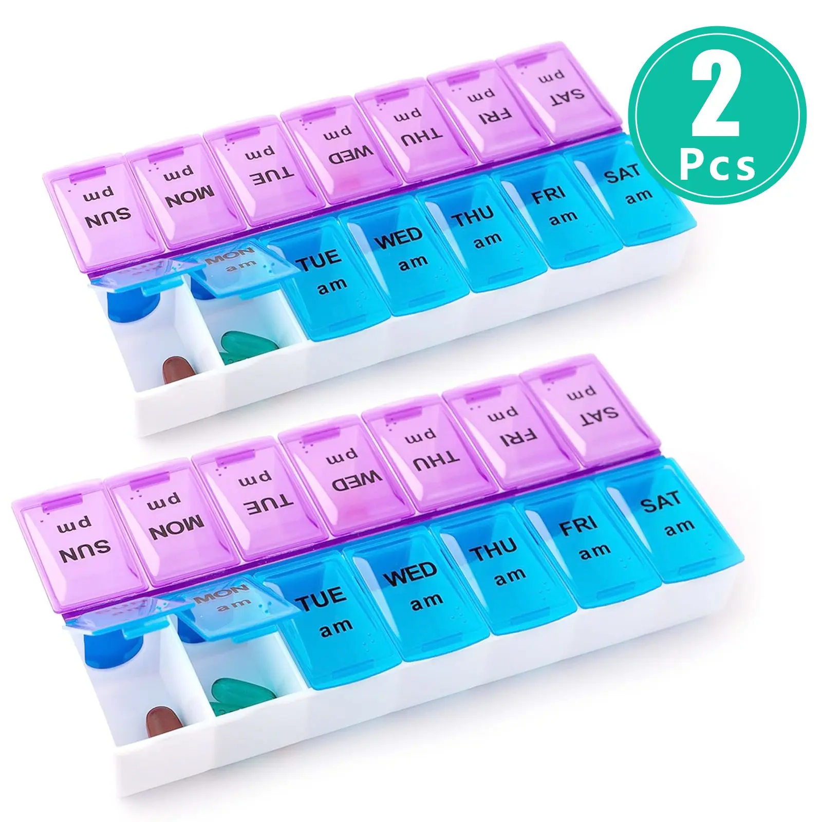 2 Piece Sets 7-Day AM/PM Pill Organizer - Durable High-Capacity Removable Medical Organizer for Supplements, Vitamins, Capsules, Home Supplies Storage
