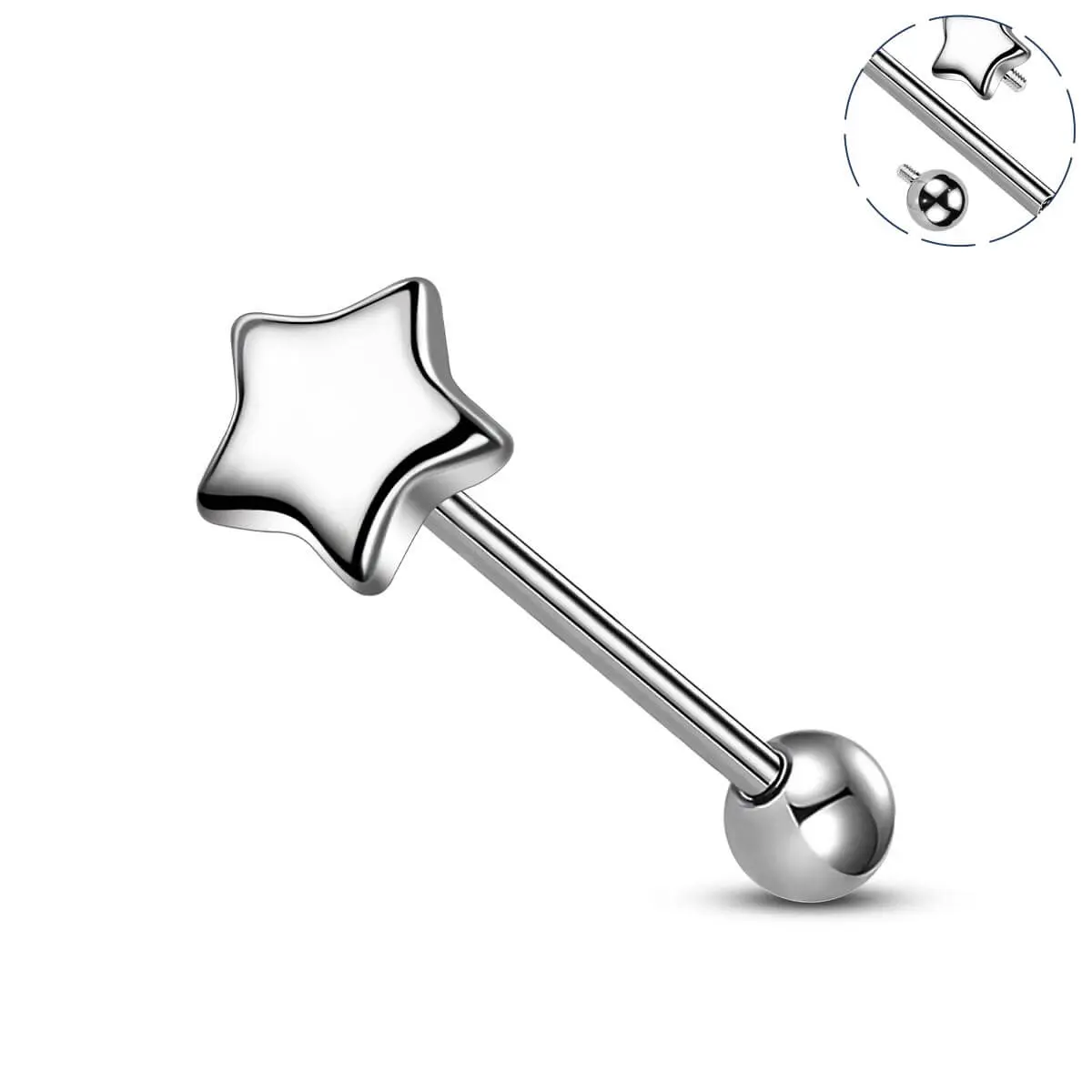 OUFER 14G Titanium Internally Threaded Star & Heart Top Tongue Ring, 16mm Bar, Polished, Secure Fit, Romance-Infused Wearable Body-Safe Pain-Free Non-Tarnish Piercing Jewelry