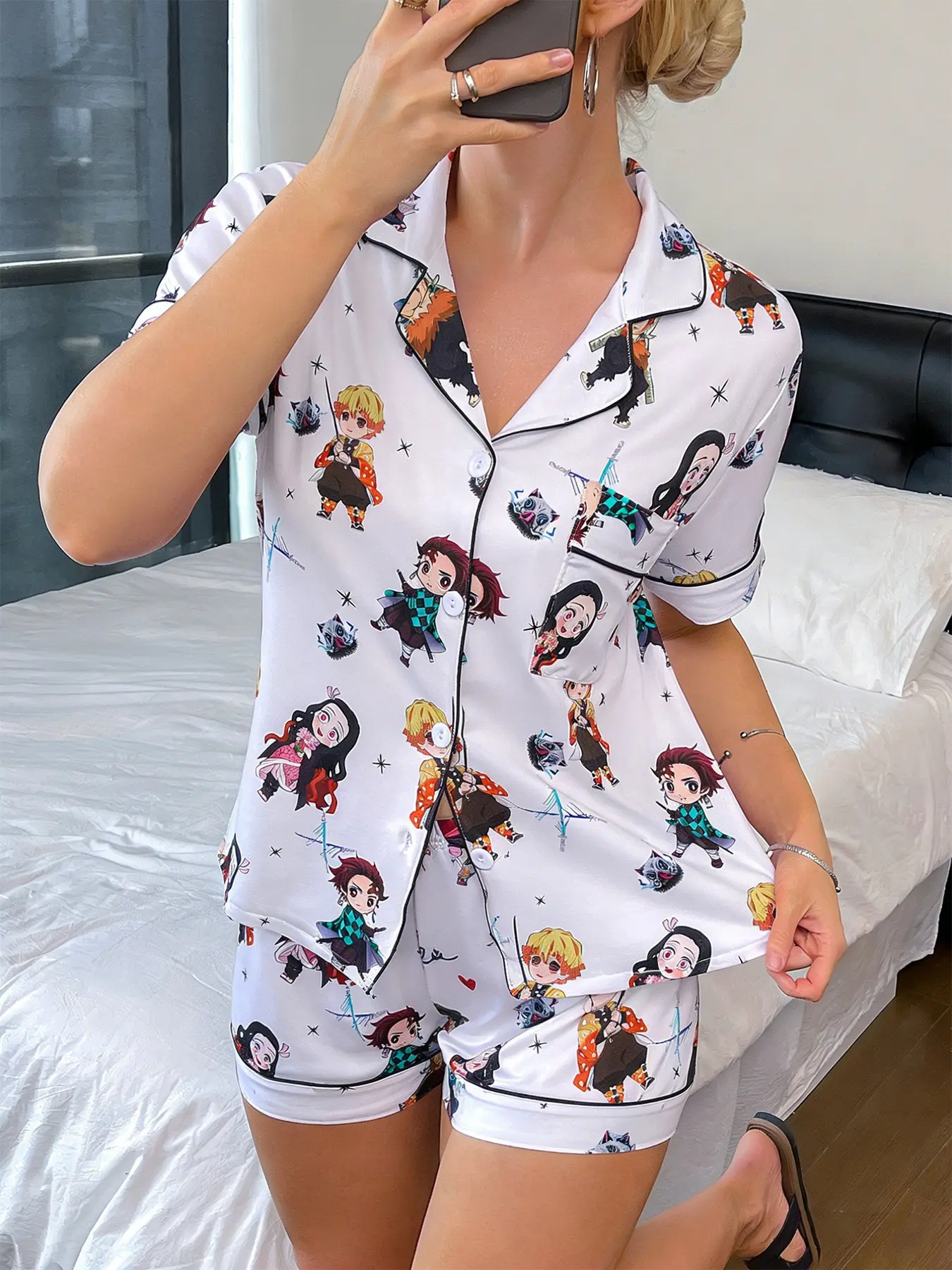 Women's 2Pcs Demon Slayer Q Version Cartoon Print Pajama Set, Soft Knit Pajama, Japanese Anime Style, Short Sleeve & Shorts, Soft & Comfortable, Lapel Top with Pocket, Elastic Waist, Casual Loungewear for All Seasons, Sleepwear for Women