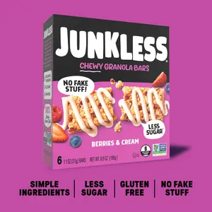 JUNKLESS Chewy Granola Bars Berries & Cream - Simple Ingredients, Less Sugar, Gluten Free, No Fake Stuff, 100% Whole Grain Oats, Creamy Yogurt Drizzle