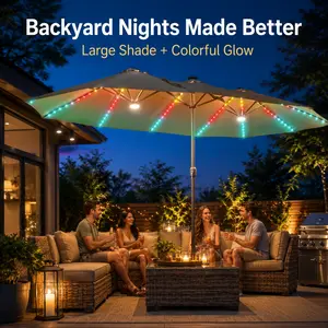 POUUIN 15FT x 9FT Double-Sided Patio Umbrella with 36 Solar RGB LED Lights, Large Outdoor Sunshade Canopy, Crank, Base & 2 Fillable Sandbags – Umbrellas for Patio, Backyard Use,summerwins