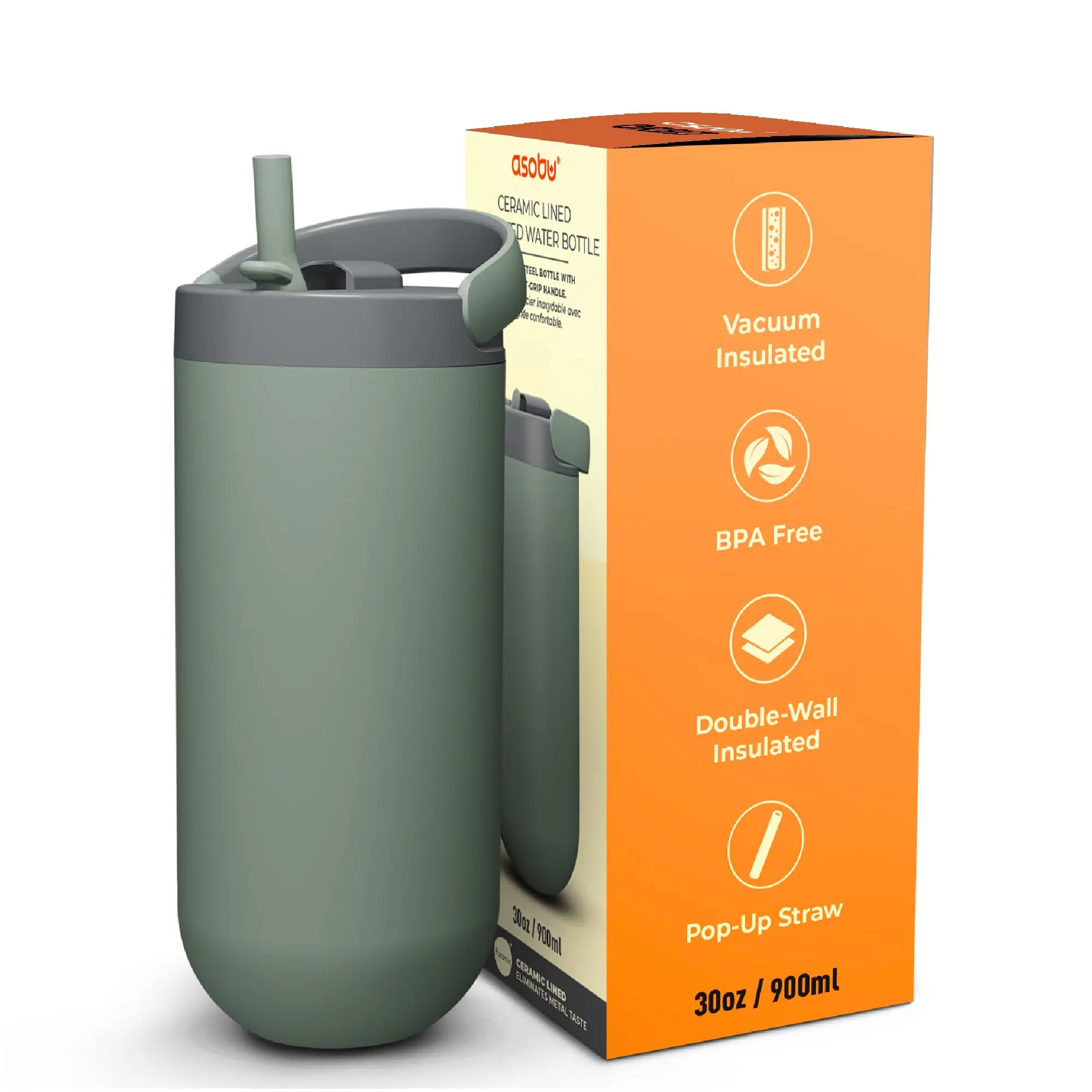 Asobu Orbit 30oz/900ml Portable Ceramic Vacuum Flask Drinkware, Sleek Insulated Water Bottle with Pop-Up Lid, Carry Handle, Ideal for Iced Coffee, Iced Tea, Travel, Flasks