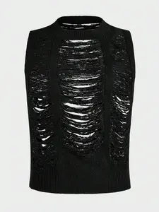 Men's Solid Color Distressed Crew Neck Casual Knit Vest, Autumn, For Fall Winter