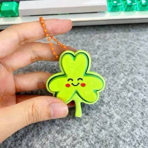 FuRise 3D Printed Smiling Lucky Clover Keychain – Big Eyes Fidget Press Toy with Mechanical Switch, Cute Stress Relief Pendant for Daily Use