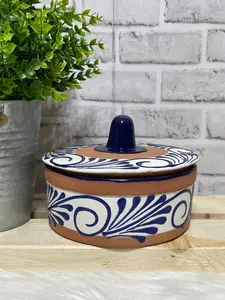Mexican handmade terracotta/ceramic/blue talavera design tortillero/tortillero de barro