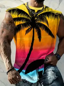 Men's Sleeveless Vest with Vibrant Tropical Sunset Palm Tree Pattern, 3D Digital Print Gradient Casual Fashionable Fitted Top, All Seasons Wear