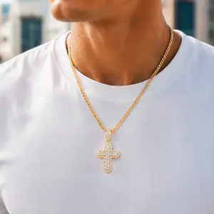 【AMKMAX】14K Gold Plated Iced Cross Necklace with Cuban Chain, 5A Cubic Zirconia, Hypoallergenic, Water & Sweat Resistant, Unisex Christian Faith Jewelry y2k accessories gifts girls graduation stack style luxurious pendant mom birthday woman elegant