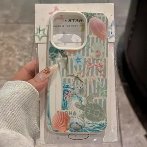 Elegant blue ocean seashell turtle surfboard plaid pattern, suitable for iPhone 17/16/15/14/13/12/11/X/XS/XS Max, drop-resistant and durable, stylish design, trendy, high-end protective case