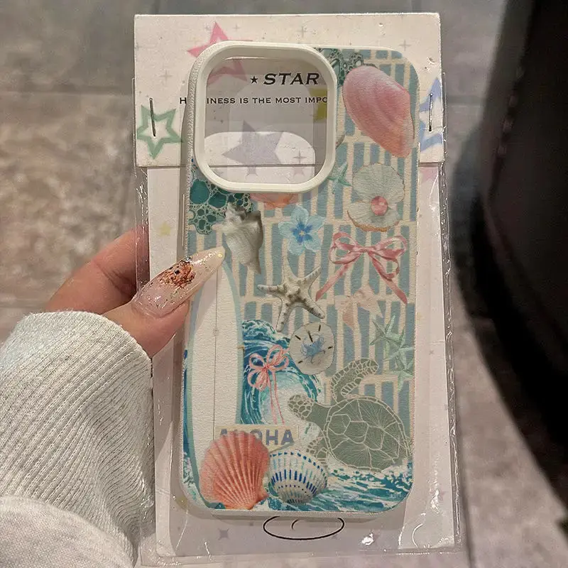 Elegant blue ocean seashell turtle surfboard plaid pattern, suitable for iPhone 17/16/15/14/13/12/11/X/XS/XS Max, drop-resistant and durable, stylish design, trendy, high-end protective case, Cover, Accessories, Smartphone,summerwins