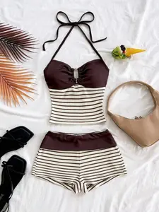 2-Piece Vacation Set, Knitted Fashion Set, Striped Knit Sleeveless Top with Metal Buckle, Boho Style, Perfect for Parties, Dates, Nightclubs, Fall Fashion, Clothes