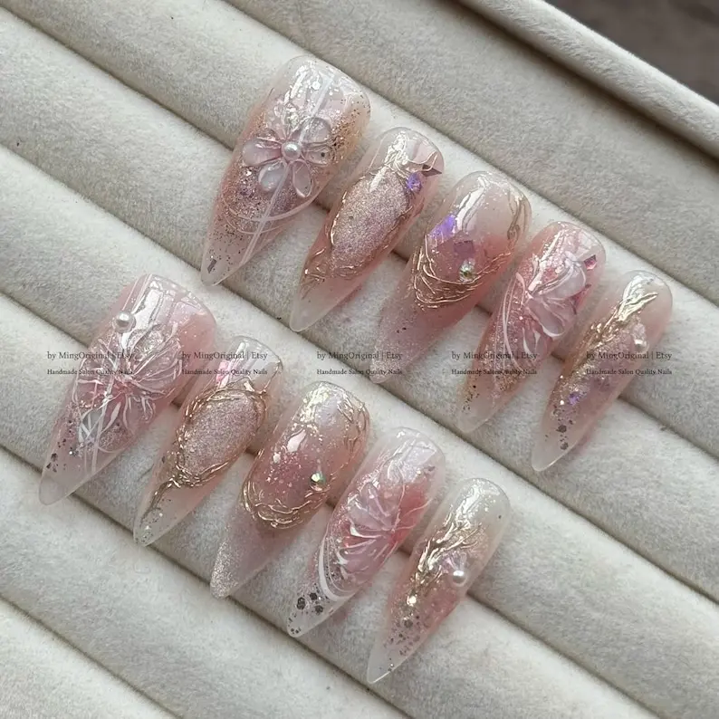 Romantic Fairy Press-On Nails, Handmade 3D Nail Art with Pearls, Crystals Dreamy Detail