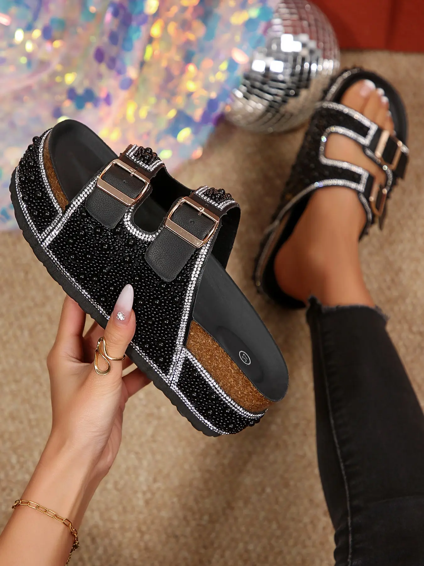 Women's Bohemian Style Slippers, PU Leather Plain Design, Fashionable Less Than Ankle Height, Pearl Rhinestone Braided Thick Sole
