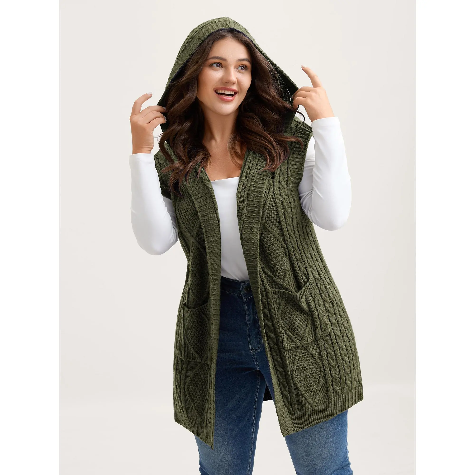 Plus Size Hooded Knit Cardigan Vest For Women [M-6X], Cable Knit Open Front Layering Sweater With Pocket, Cozy Fall Casual Outfit