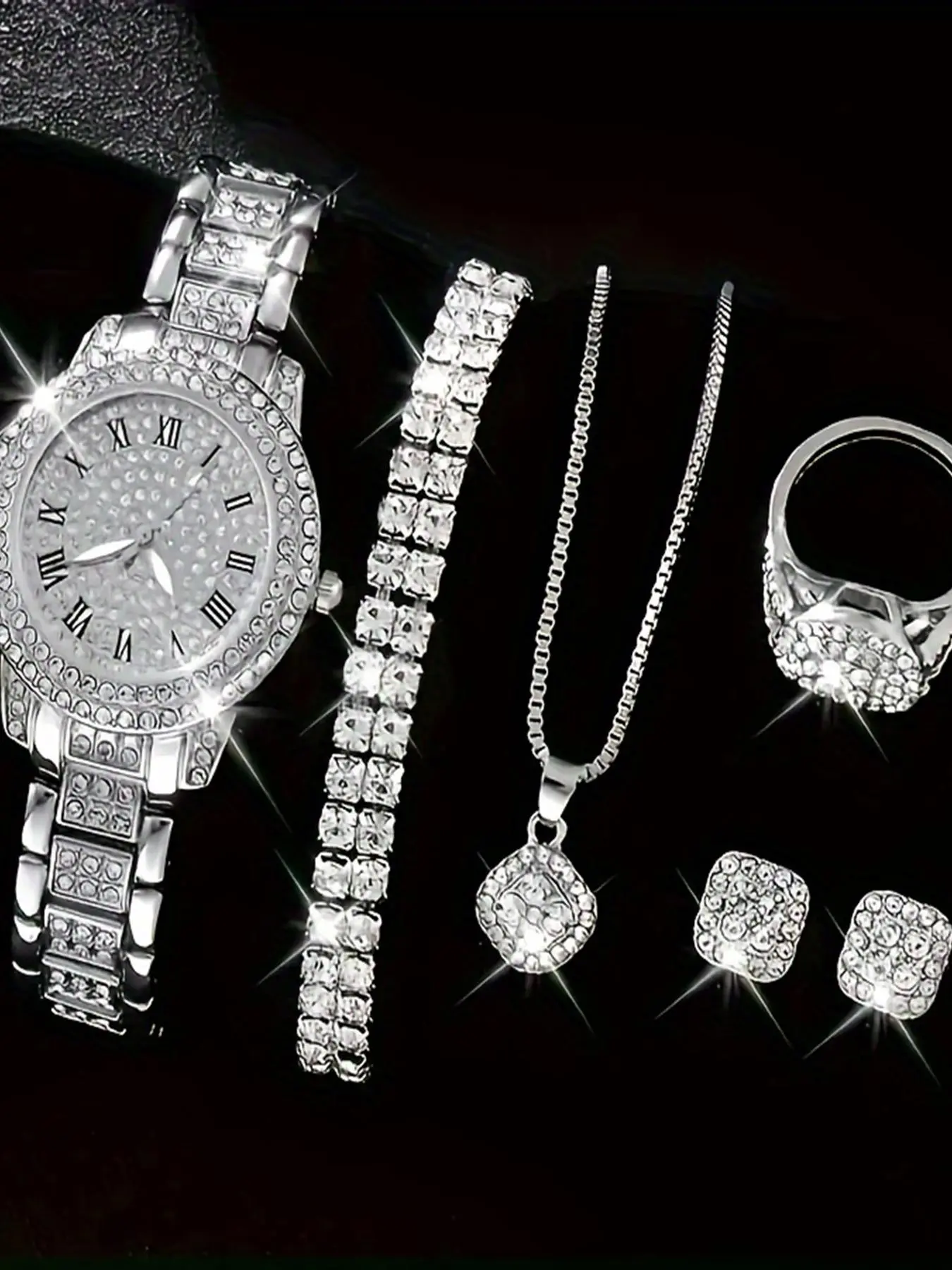 Women's Elegant Rhinestone Decor Quartz Watch & Matching Jewelry Set, Including Round Dial Analog Watch & Bracelet & Necklace & Ring & Earrings, Fashion Watch Set As Gift, Jewellery Gift Set, without Box, Trendy Jewelry Set, Fashionable Jewelry Set