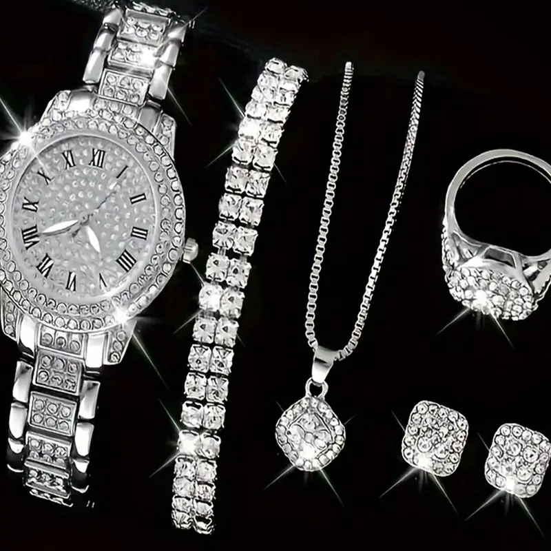 Women's Elegant Rhinestone Decor Quartz Watch & Matching Jewelry Set, Including Round Dial Analog Watch & Bracelet & Necklace & Ring & Earrings, Fashion Watch Set As Gift, Jewellery Gift Set, without Box, Trendy Jewelry Set, Fashionable Jewelry Set