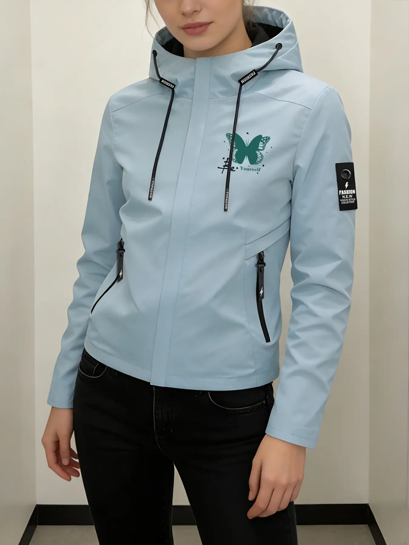 Women's Hooded Windbreaker Jacket Pink Butterfly Print Outdoor Windproof Jacket Multi-Color Options Stand Collar Loose All-Season Warm Wind Coat Ideal for Daily Commute Hiking Climbing Wear Soft Comfortable Breathable Machine Washable