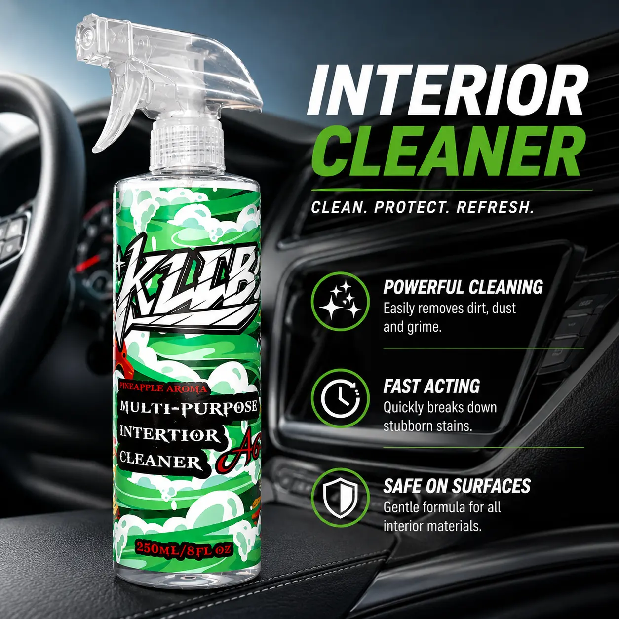 All-in-One Car Interior Cleaner Spray – Automotive Leather & Upholstery Cleaner for Cars, Removes Dirt & Grime with Microfiber Towel and Sponge, Deep Cleans Auto Interior Surfaces, Helps Resist Static Dust, Dirt Remover