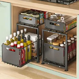 2 Pcs Two-Level Sliding Organizer for Under The Sink Sturdy Carbon Steel Storage Rack with Adjustable Shelves Hooks & Pull-Out Drawer Space-Efficient for Utensils Spices