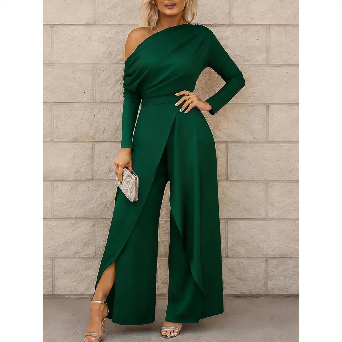 Women's Cotton Plain Formal Off-Shoulder Wrap Overlay Jumpsuit - High-Waist Straight Leg, Ruched, Wrap Split, Accessories-Compatible, All Season, Machine Wash, Minimalist Lady Outfit for Wedding Guest, Clubwear