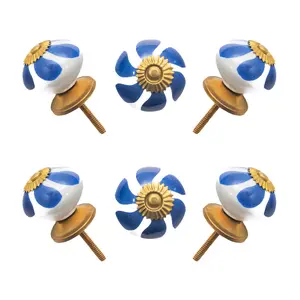 Hand-Painted Blue Leaf & White Ceramic Knobs with Antique Brass Accents (Set of 6) - 1.5 Inch - by CDNY