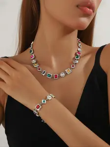 Luxury Hip Hop Cuban Link Geometric Square Necklace Bracelet Set, Elegant Jewelry Set, Fashionable Trendy Accessories, Perfect for Stylish