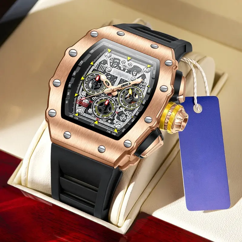 Men's Luxury Square Quartz Watch – Waterproof 50M Sport Chronograph Timepiece with Yellow Rubber Strap, Sapphire Glass, Stainless Steel Case
