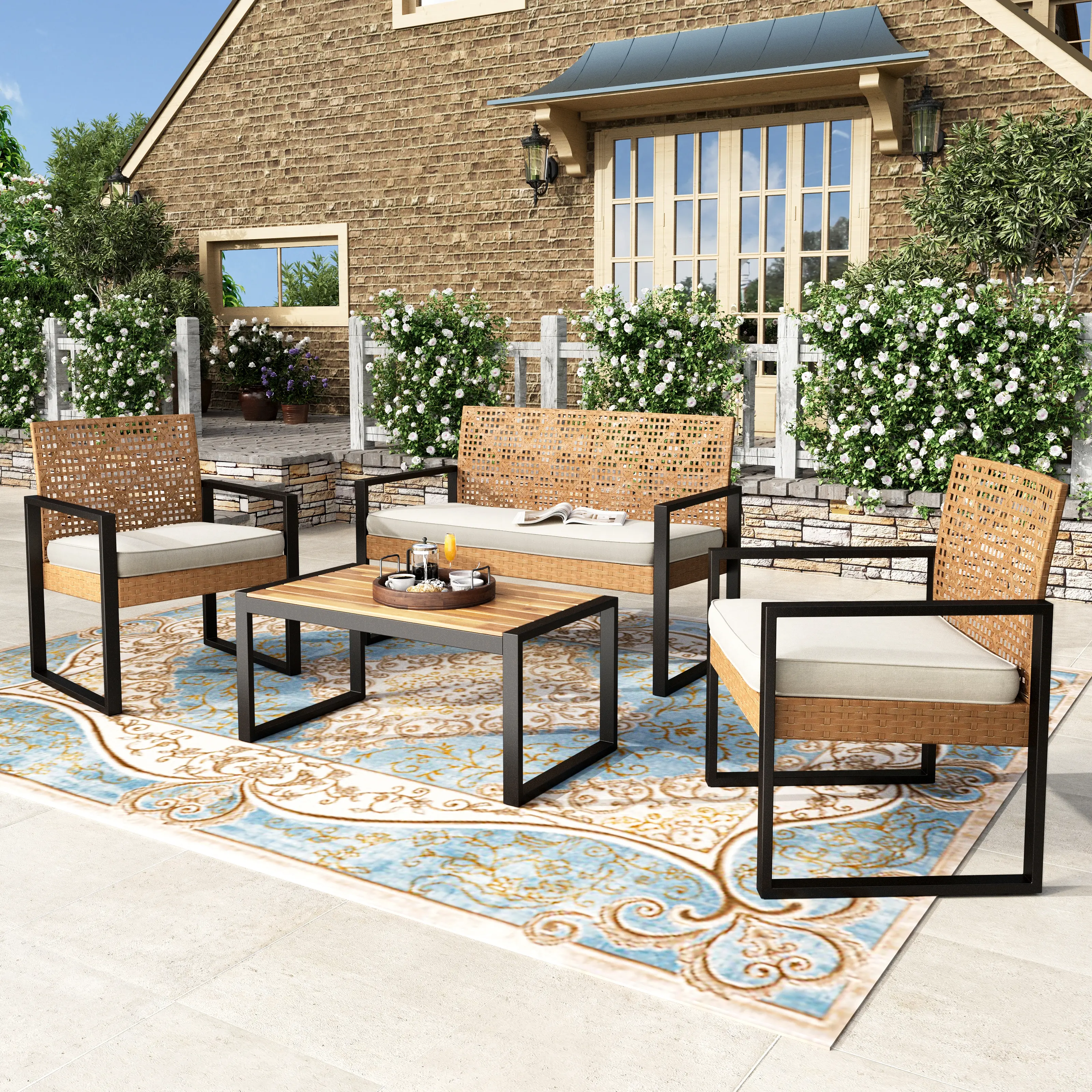 PHIVILLA Outdoor Wicker Patio Furniture Set, Cushioned Rattan Loveseat & Chairs, Rattan Sofa Set with Acacia Wood Coffee Table, Elegant All-Weather Seating for Garden, Backyard & Poolside, Home Decor, Summer Sale