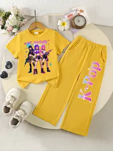 Girls' Knit Set T-Shirt + Straight Leg Pants, New Cartoon Print, Casual Outdoor Sports Wear, Fun Outfit, Suitable for Girls Ages 8 and Below