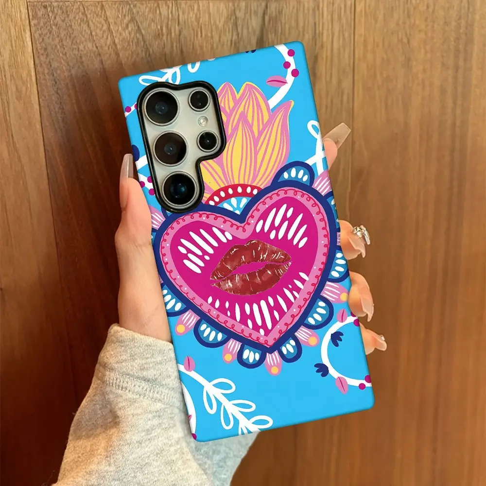 Fashionable and Unique Heart Lip Print Painted Glossy 2-in-1 Shockproof Phone Case,for Samsung Galaxy S21 S22 S23 FE S24 Plus S25 ULTRA FE EDGE Plus A55 56 54 53 52 36 35 34 26 25 23 16 15 14 13 06 Phone Cases