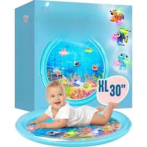 Lights Up Tummy Time Water Mat for Babies, 30" X-Large Baby Water Mat Tummy Time for Sensory Play with LED Glowing Fishes, Inflatable Fun Play Pad for Infants & Toddlers 3 to 36 mo